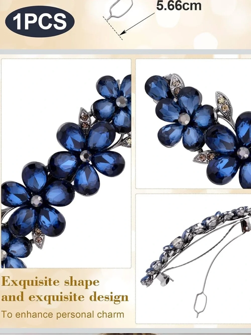 Blue Floral Crystal Hair Barrette - Elegant Women’s Hair Accessory